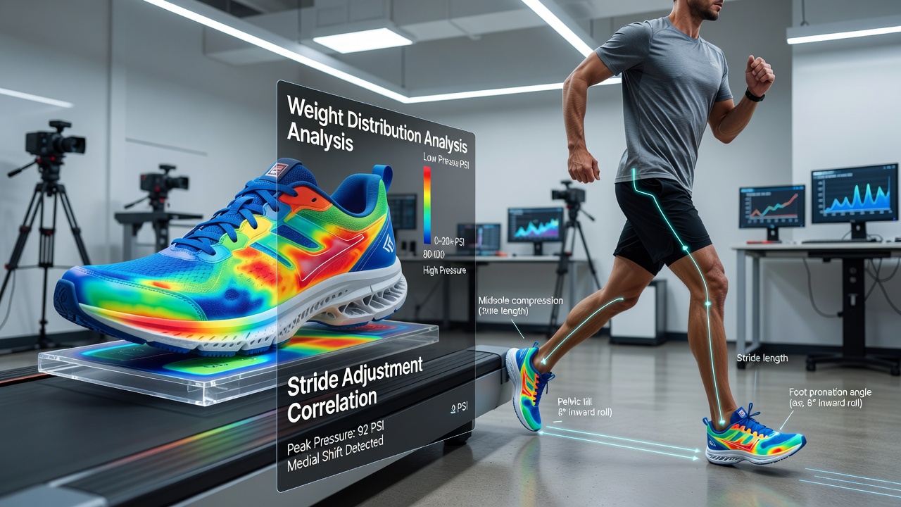 Pressure mapping visualization showing weight distribution changes across running shoe midsole on rocky trail surface