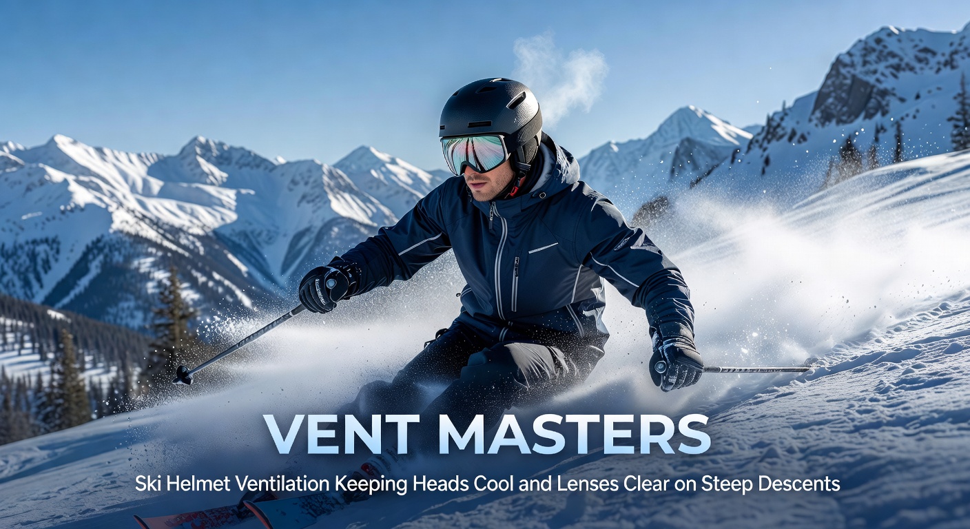 Skier in a high-performance helmet navigating a steep powder descent, vents visibly channeling airflow to prevent fogging and overheating