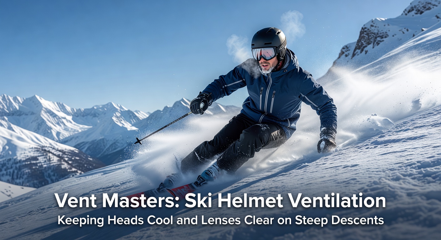Close-up of a ski helmet's ventilation ports in action, demonstrating airflow channels that clear fog from integrated goggles during intense downhill speed