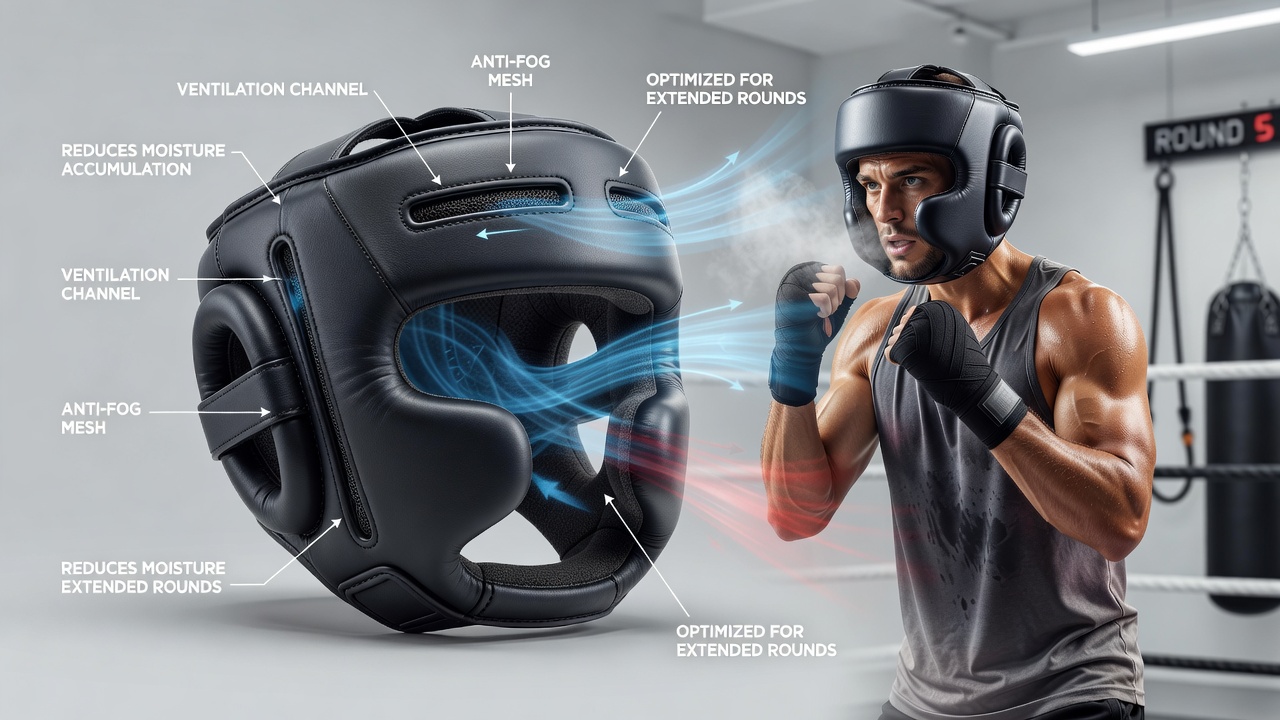 Boxing headgear showing top and side ventilation channels designed to promote airflow and reduce moisture accumulation