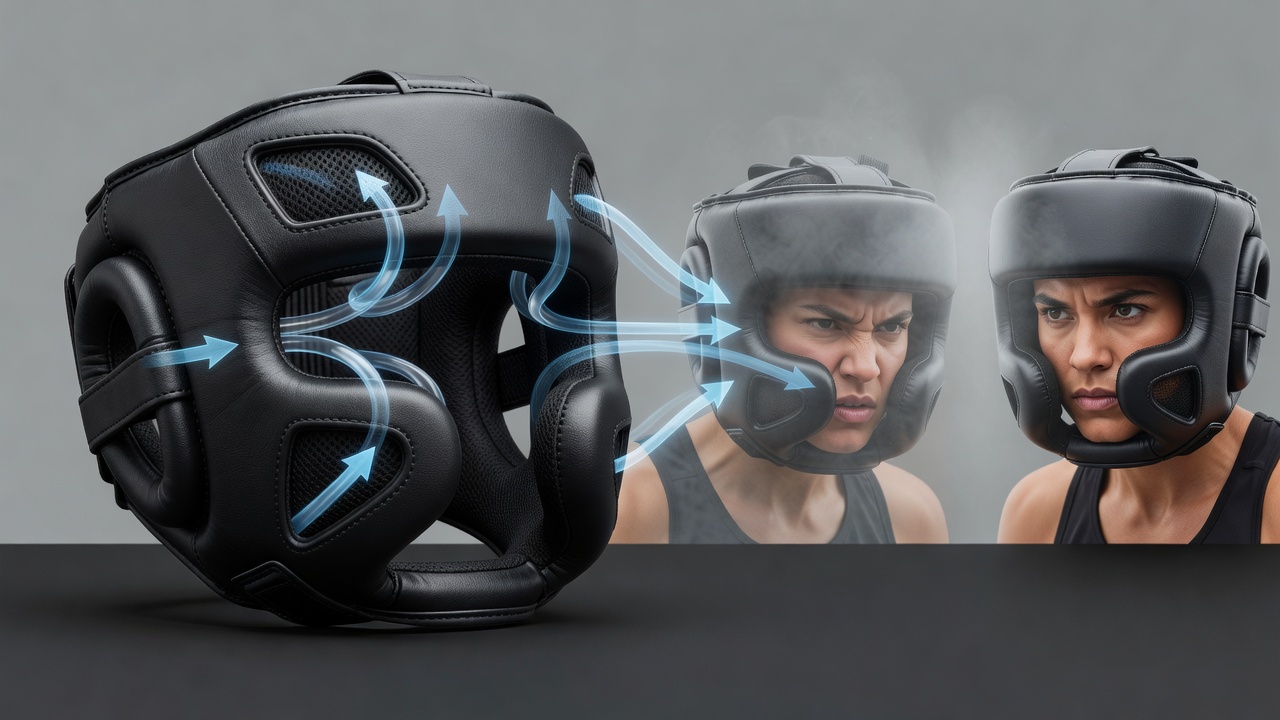 Close-up view of intersecting ventilation channels on boxing headgear demonstrating lateral and rear airflow routes