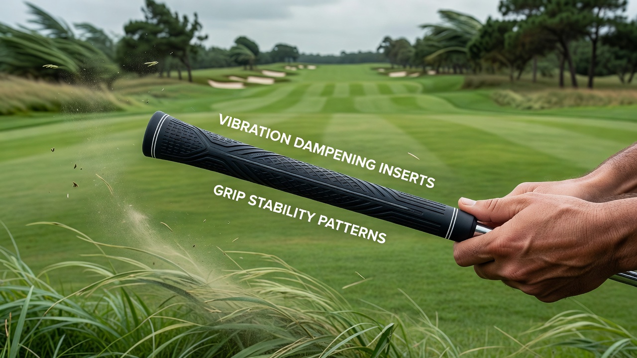 Golf club shaft cross-section diagram illustrating vibration dampening insert positioning relative to grip and club head during wind exposure